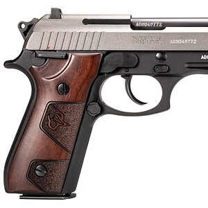 Semi-automatic handgun with a stainless steel slide and wooden grip for durability and style.
