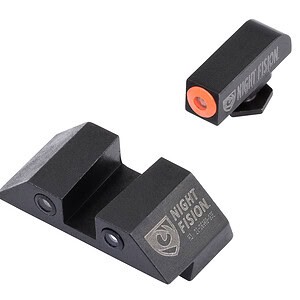 Night Fision Glock sight set for firearms, black with orange accents.