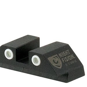 Night sight for handgun with green and white accents for improved visibility.