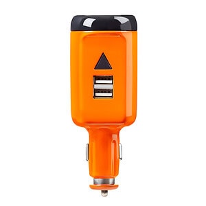 USB car charger with dual ports for fast device charging.