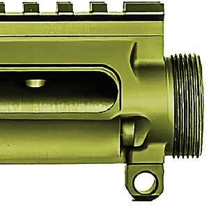 Green tactical rifle handguard with rail system for accessories.