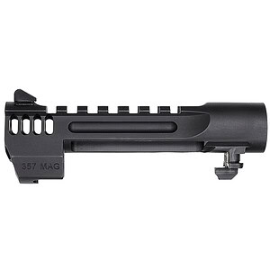 Black rifle scope mount for precision shooting, compatible with .357 MAG firearms.
