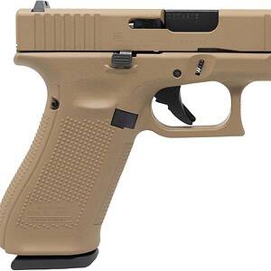 Tan handgun with tactical design, ideal for personal protection and shooting sports.