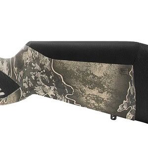 Rifle stock with camouflage finish for hunting and shooting.