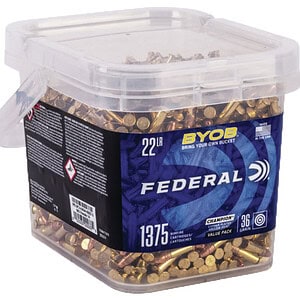 Ammo storage box with brass cartridges for reloading.