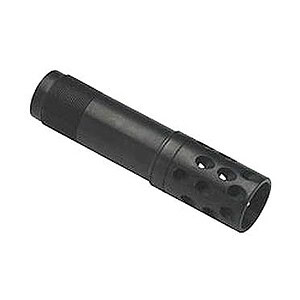Black firearm silencer with perforations for noise reduction.