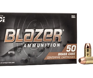 Blazer Brass Centerfire Ammunition box with 50 cartridges for reliable shooting.