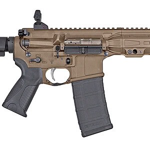 Adjustable tactical rifle with desert tan finish, featuring a collapsible stock and ergonomic grip.