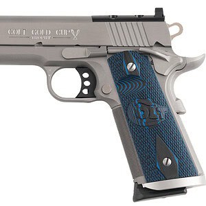 Colt Gold Cup X 1911 semi-automatic pistol with blue grips and stainless steel finish.