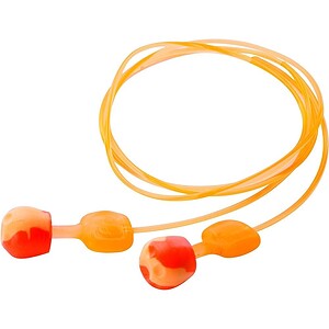 Earplugs for noise reduction and hearing protection, orange silicone material.