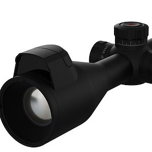 Black tactical rifle scope with adjustable zoom and reticle for hunting and shooting.
