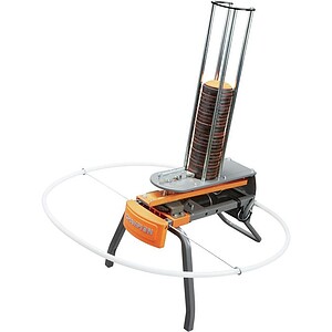 Coin sorting machine with vertical coin stacker and circular tray.