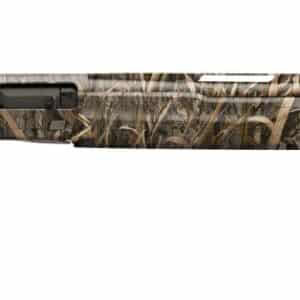 Hunting rifle with camouflage stock and scope for outdoor shooting.
