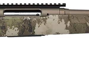 Camouflage rifle with scope and adjustable stock for hunting or shooting sports.