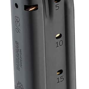 Black firearm magazine loader with copper bullets and numbered capacity indicators.
