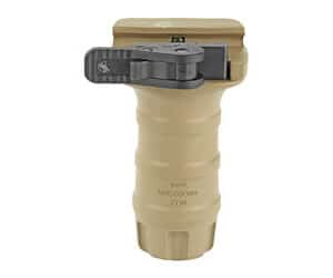 Close-up of a beige tactical firearm grip with mounting hardware.