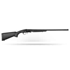 Bolt-action rifle with black synthetic stock and long barrel for hunting or sport shooting.