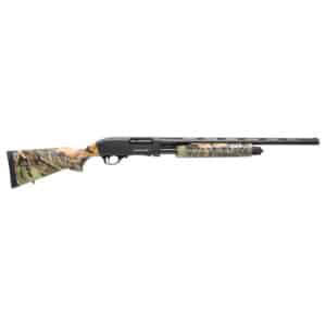 Hunting rifle with camouflage stock and scope for outdoor shooting.