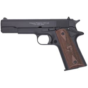 Black and brown Chiappa 1911-22 pistol with wooden grip.