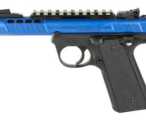 Blue airsoft pistol with tactical rail and textured grip for realistic training.