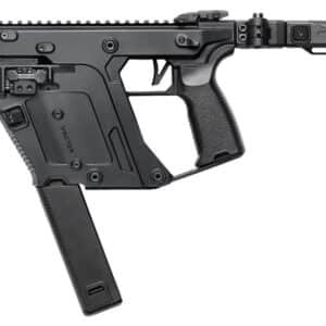 Black tactical submachine gun with adjustable stock and magazine.