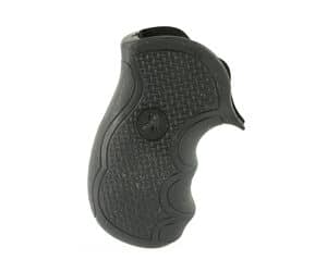 Close-up of black rubber gun grip with textured surface for secure handling.