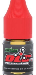 Optic lens cleaner in a small red bottle for precise cleaning.