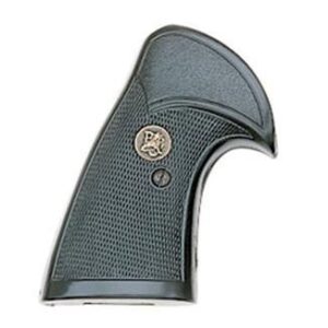 Gun grip with textured surface and emblem.