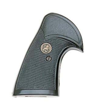Gun grip with textured surface and emblem.