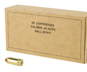 Ammo cartridge box with .45 Auto caliber bullets.