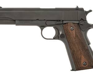 Semi-automatic pistol with wooden grip and black slide for personal defense.