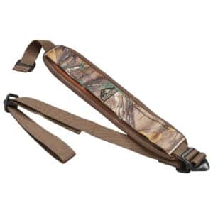 Camouflage rifle sling for hunting and outdoor activities.