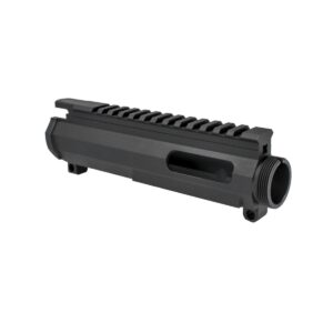 Black AR-15 handguard with Picatinny rail for tactical accessories.