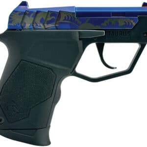 Custom brass pistol grip with blue and gold design for firearms.
