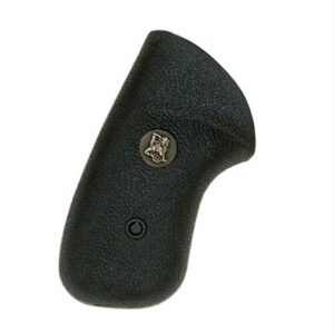 Golf club grip with brass emblem, textured black leather for secure hold.