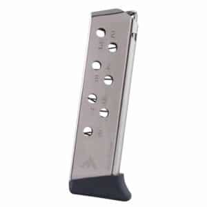 Metal gun magazine with numbered holes for ammunition storage.