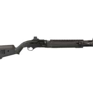 Shotgun with black synthetic stock and tactical rail system for hunting and home defense.