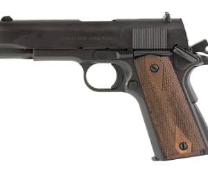 Semi-automatic handgun with black finish and wooden grip for concealed carry or target shooting.