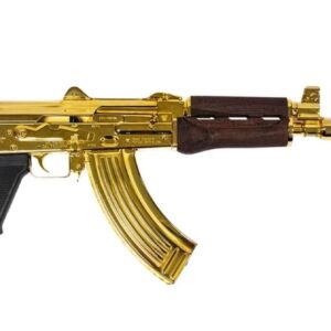 Gold toy gun with realistic design and wooden grip for display or cosplay.
