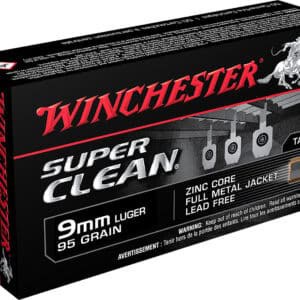 Winchester Super Clean 9mm Luger ammunition box with zinc core, full metal jacket, 95 grain.