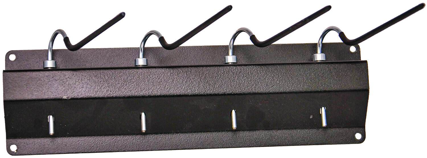 Wall-mounted coat rack with four sturdy hooks for hanging coats, hats, and accessories.