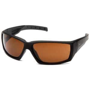 Black sports sunglasses with brown tinted lenses for outdoor activities.