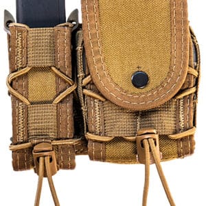 Tactical magazine pouch with magazine holder and utility pocket for outdoor use.