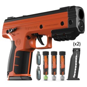 Durable orange and black toy gun with realistic design, includes two CO2 cartridges, three paintball.