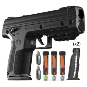 Airsoft pistol with CO2 cartridges, magazine, and safety features for recreational use.