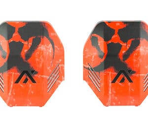 High-quality orange and black dart flights for precision and durability.
