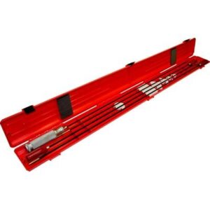 Red pipe bending tool for plumbing and HVAC pipe installation.