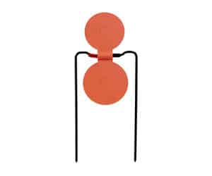 Target silhouette with orange circles and black stand for shooting practice.