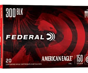 Box of Federal American Eagle .300 AAC Blackout 150 gr FMJ-BT ammunition, 20 rounds