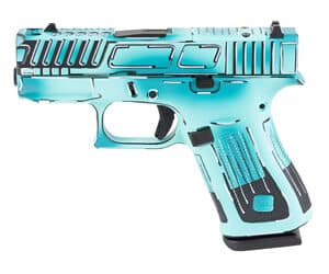 GLOCK 43X Comp 9mm Anime Blue Cerakote pistol with ported barrel and two magazines